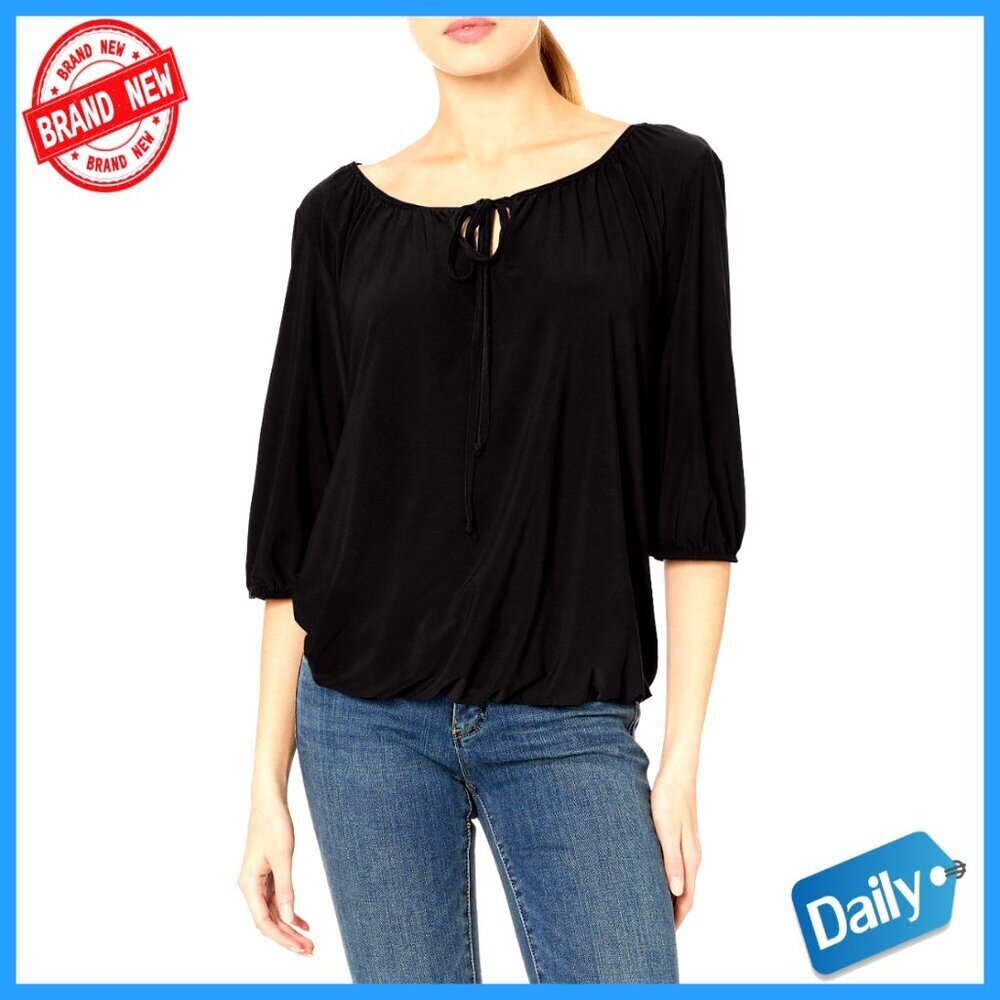 Elbow-Sleeve Peasant Top with Keyhole Tie, Loose-Fitting Blouse